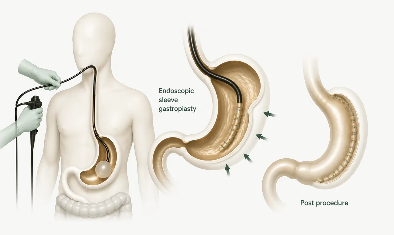 Gastroplastia endoscópica en manga que muestra suturas reduciendo el tamaño del estómago sin cirugía