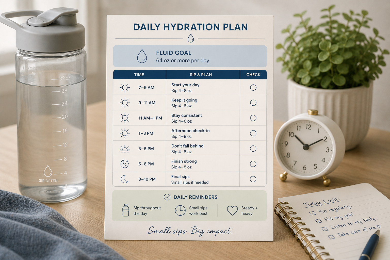 Daily bariatric hydration checklist showing sipping schedule and fluid goals. Source: Everself