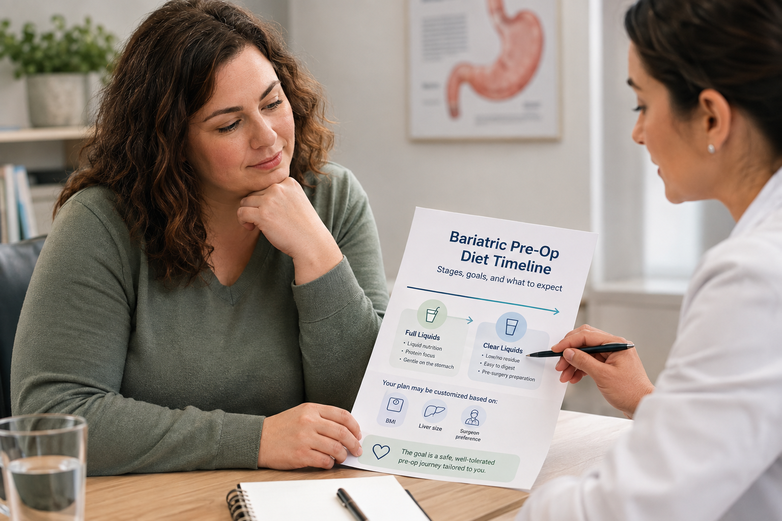 Patient reviewing a bariatric pre op diet timeline with a care team member. Source: Everself