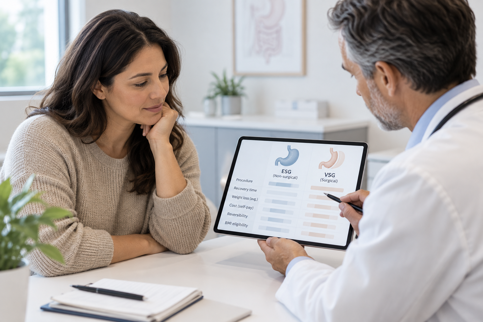 Patient reviewing procedure comparison information with a clinician during a consultation