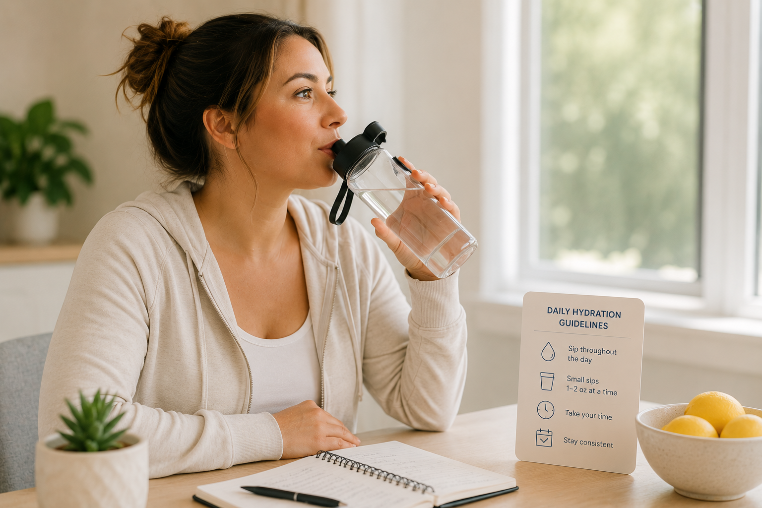 Person sipping water from a bottle while following bariatric hydration guidance. Source: Everself