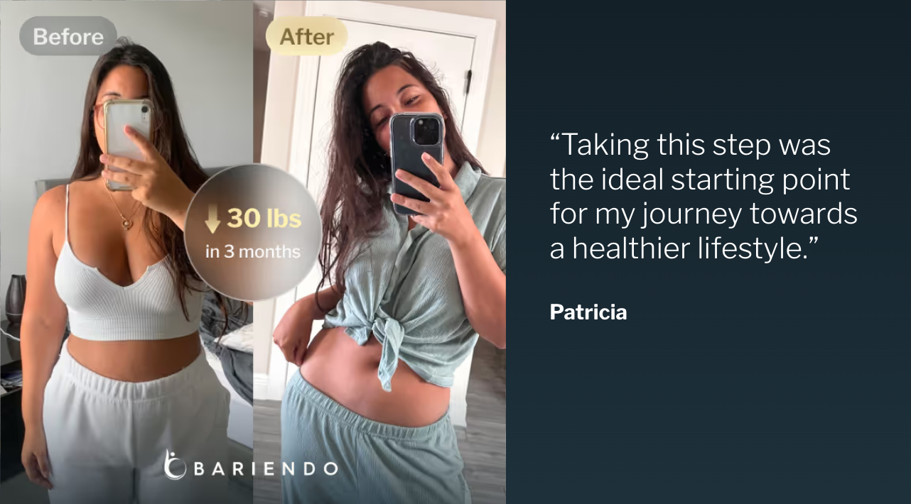 Before and after photos of Patricia, who lost 30 pounds in 3 months with ESG Stomach Tightening, beside her testimonial quote