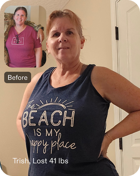 Trish, an Everself patient who lost 41 pounds after ESG, smiling and standing confidently in casual clothes