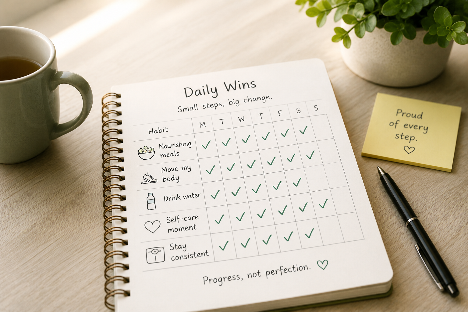 Checklist tracking daily weight loss habits like meals and movement