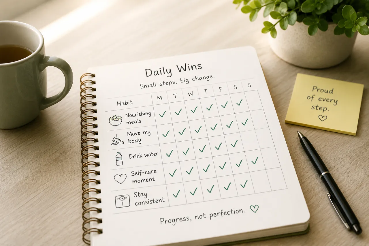 Checklist tracking daily weight loss habits like meals and movement