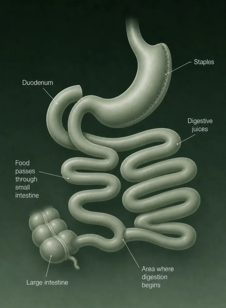 Diagrama del switch duodenal que muestra el recorrido de los alimentos a través del intestino delgado, el duodeno, las grapas quirúrgicas y el área de digestión.