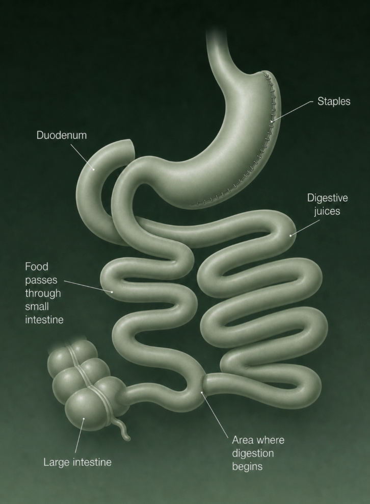 Diagram of duodenal switch showing food path through small intestine, duodenum, staples, and digestion area.