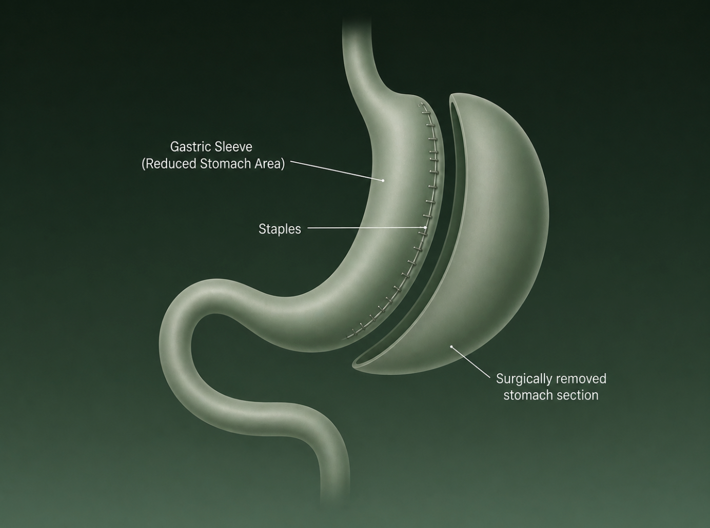 Diagram showing gastric sleeve surgery with reduced stomach area, staples, and surgically removed stomach section.