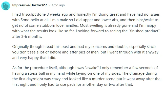 Comentario de Reddit de un paciente que comparte una experiencia positiva con TriSculpt de Sono Bello tres semanas después del procedimiento.