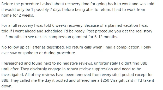 Patient review describing misleading recovery time estimates, lack of post-procedure follow-up, and alleged review suppression by Sono Bello.