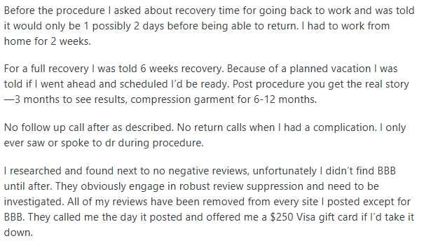 Patient review describing misleading recovery time estimates, lack of post-procedure follow-up, and alleged review suppression by Sono Bello.