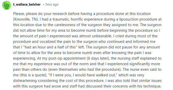 Reddit comment from a patient describing a painful liposuction experience at a Sono Bello location in Knoxville, TN, citing surgeon carelessness.