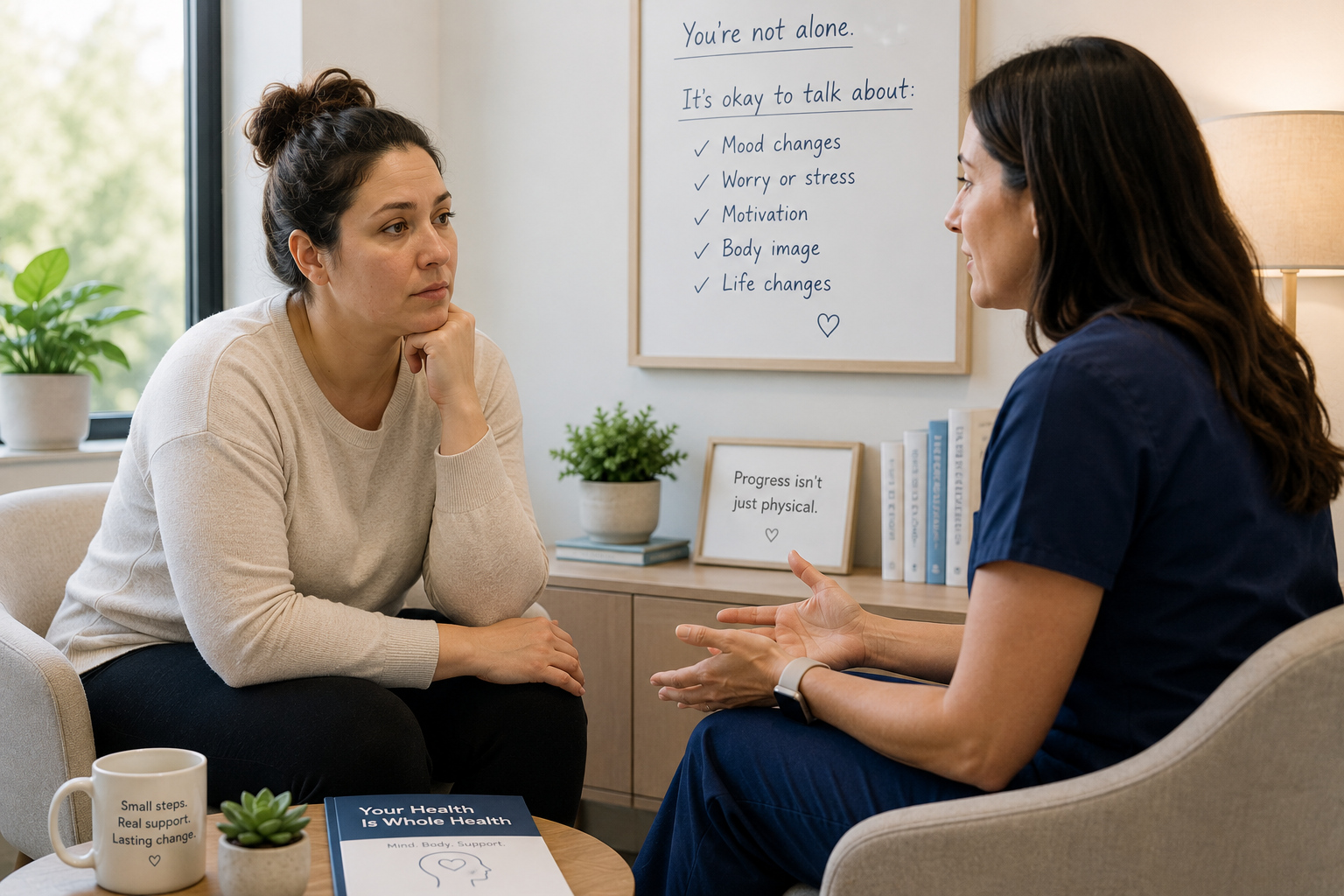 Patient sitting with a care team member during a follow-up mental health conversation. Source: Everself