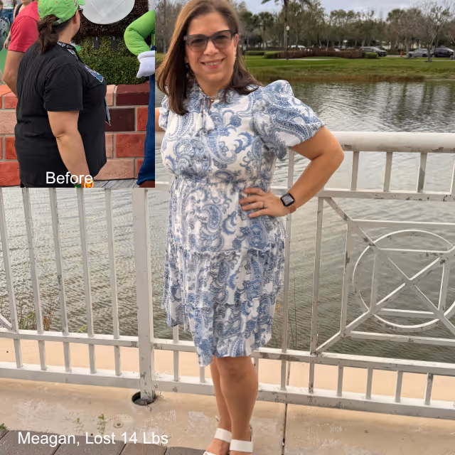 Before and after image of Meagan who lost 14 lbs in 6 months with ESG