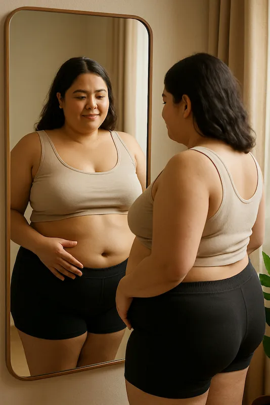 Una mujer se encuentra frente a un espejo mirando las cicatrices en la parte inferior de su abdomen tras un reciente procedimiento de pérdida de peso.