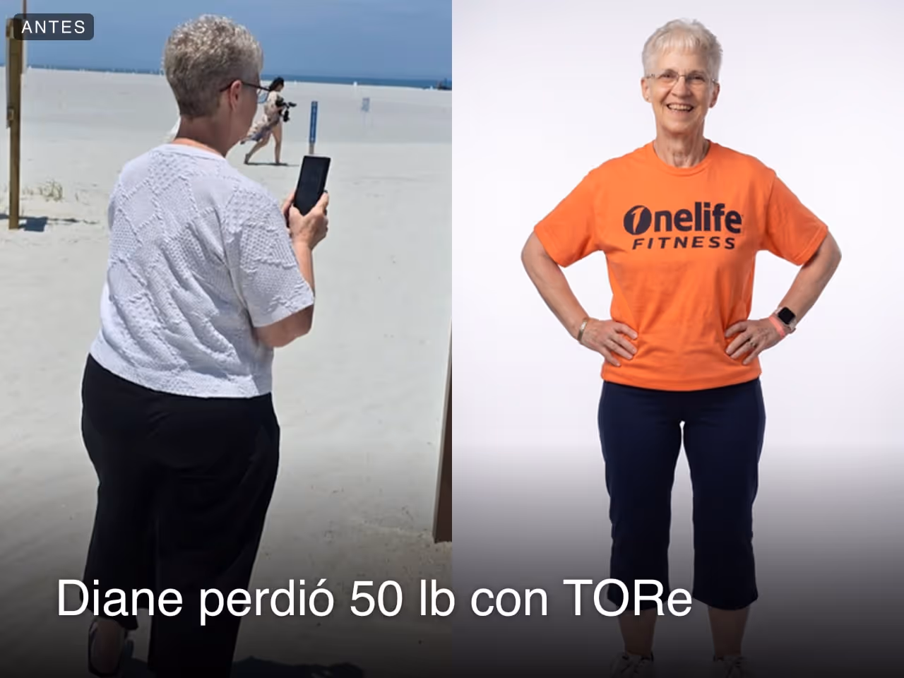 Imagen de antes y después de Diane, quien perdió 50 libras en 1 año con TORe