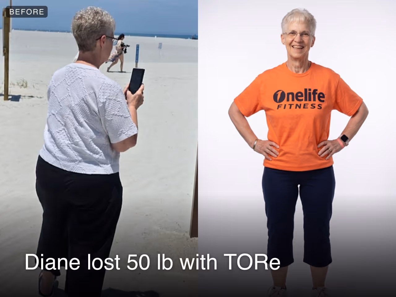 Before and after image of Diane who lost 50 lbs in 1 year with TORe