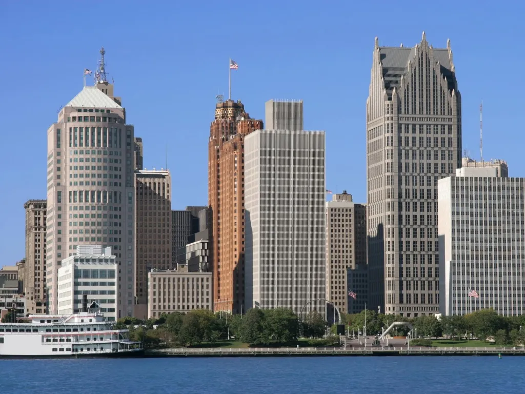 Detroit urban skyline with a view of the waterfront