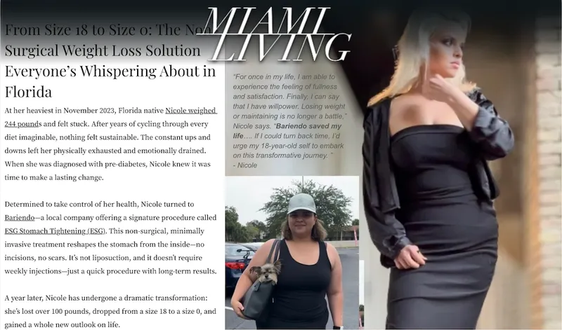 Transformación de una paciente de Everself de la talla 18 a la talla 0 tras pérdida de peso no quirúrgica con ESG, destacada en la revista Miami Living.