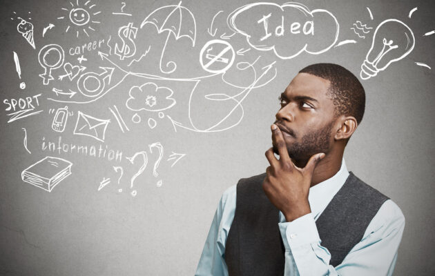 Man in a vest thinking, surrounded by various doodles representing ideas and concepts.