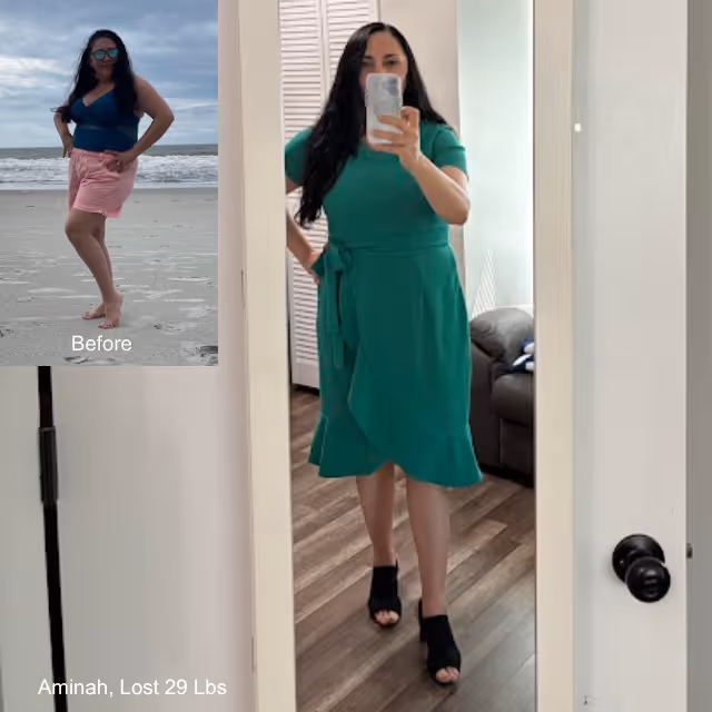 Before and after image of Aminah who lost 29 lbs in 3 months with ESG