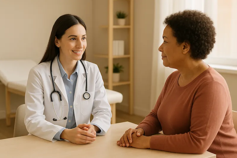 Una clínica moderna y acogedora con luz cálida, donde un médico o miembro del equipo de atención conversa amablemente con un paciente.