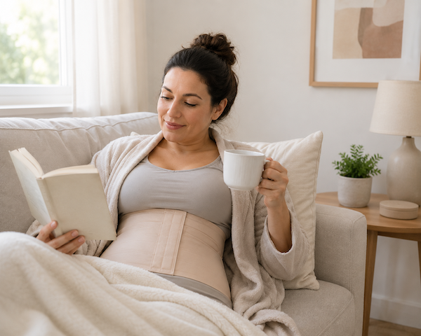 Persona descansando en casa durante la recuperación de una abdominoplastia.