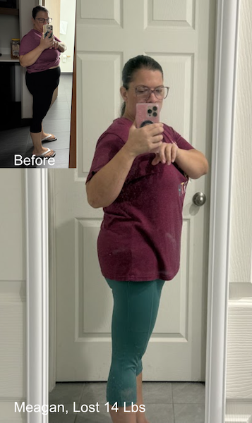 Before and after image of Meagan who lost 14 lbs in 6 months with ESG