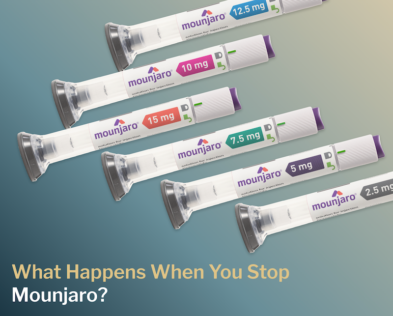 Six Mounjaro canisters in varying doses from 2.5 to 15 mg, arranged together on a blue gradient background and a caption that reads  "What Happens When You Stop Mounjaro?