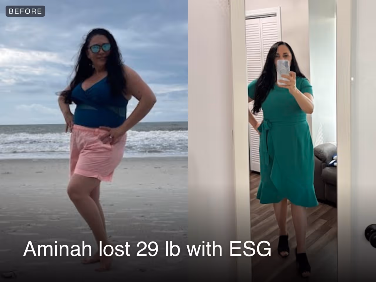 Before and after image of Aminah who lost 29 lbs in 3 months with ESG