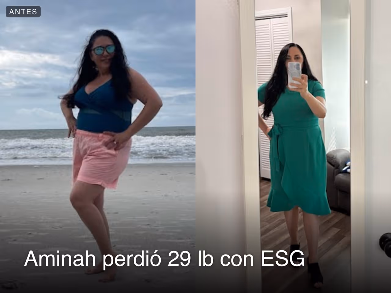 Imagen de antes y después de Aminah, quien perdió 29 libras en 3 meses con ESG