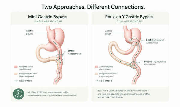 Anatomical diagram comparing mini gastric bypass single anastomosis vs Roux-en-Y gastric bypass, showing stomach pouch and intestinal rerouting.