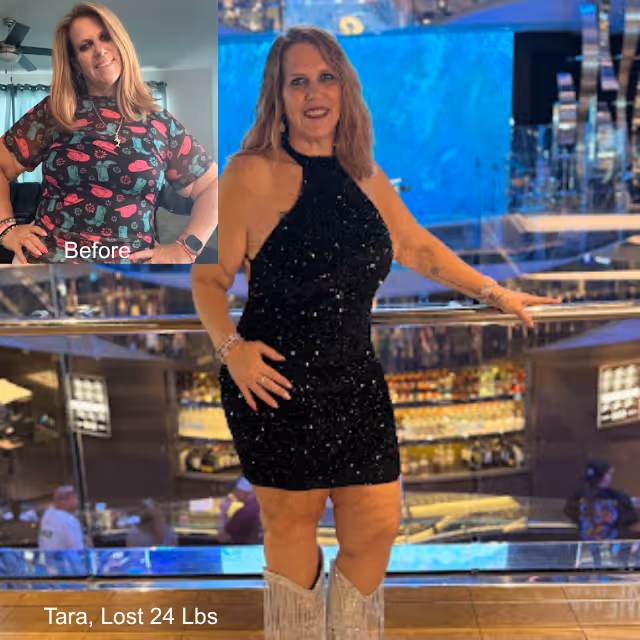 Before and after image of Tara who lost 24 lbs in 6 months with ESG
