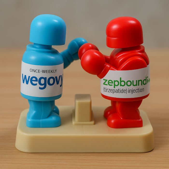 Toy boxing match between Wegovy (blue) and Zepbound (red) figures, symbolizing a head-to-head comparison
