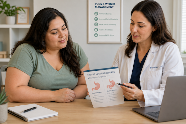 Mujer revisando información sobre procedimientos para la pérdida de peso junto a un profesional de la salud.