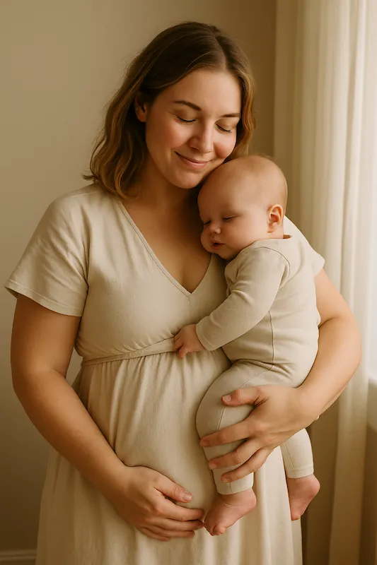 Una foto realista y estilizada de una mujer posparto saludable y segura, vestida con ropa cotidiana suave, sonriendo mientras sostiene a su bebé en un entorno cálido y natural