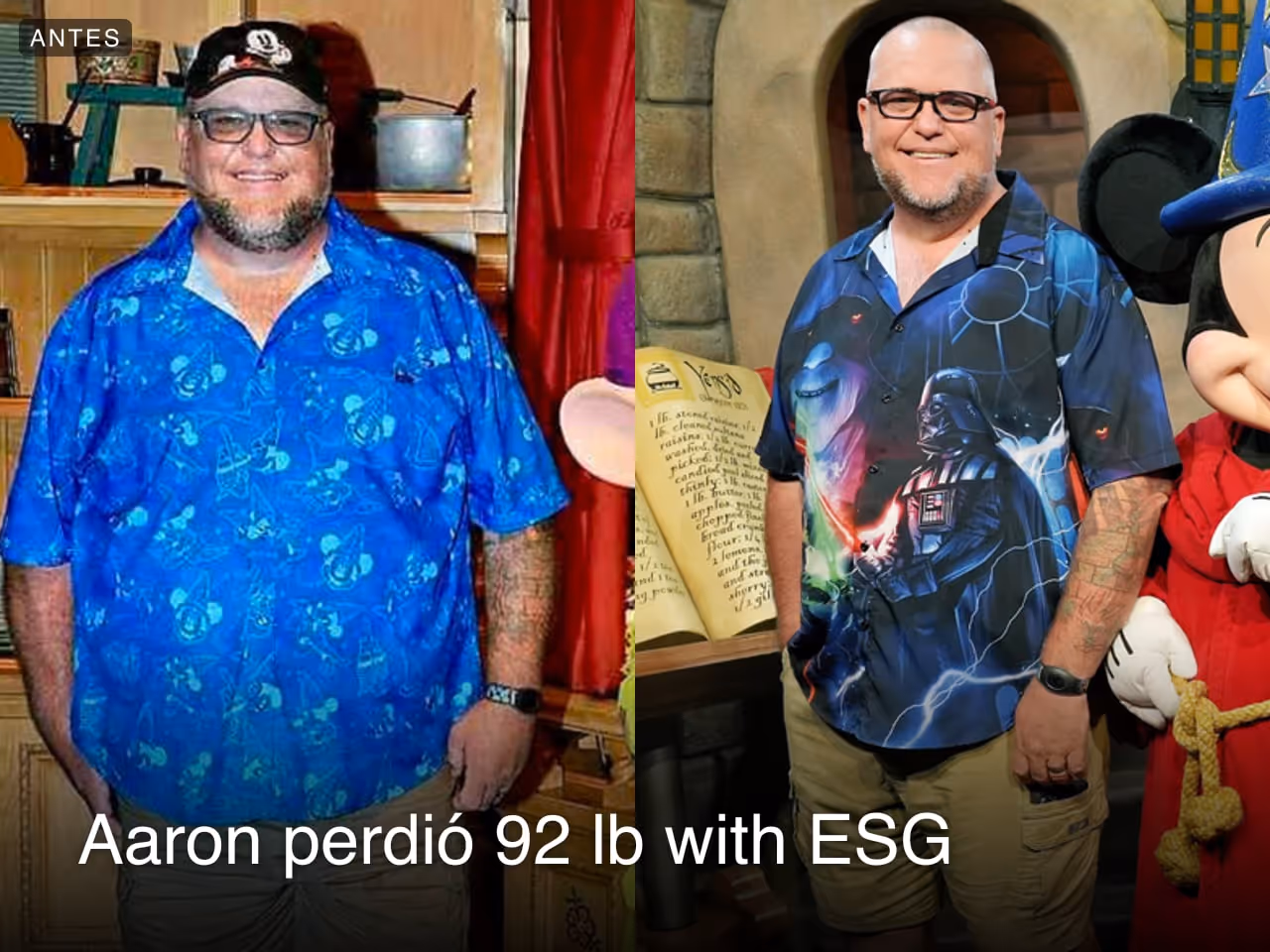Imagen de antes y después de Aaron, quien perdió 92 libras en 4 meses con ESG